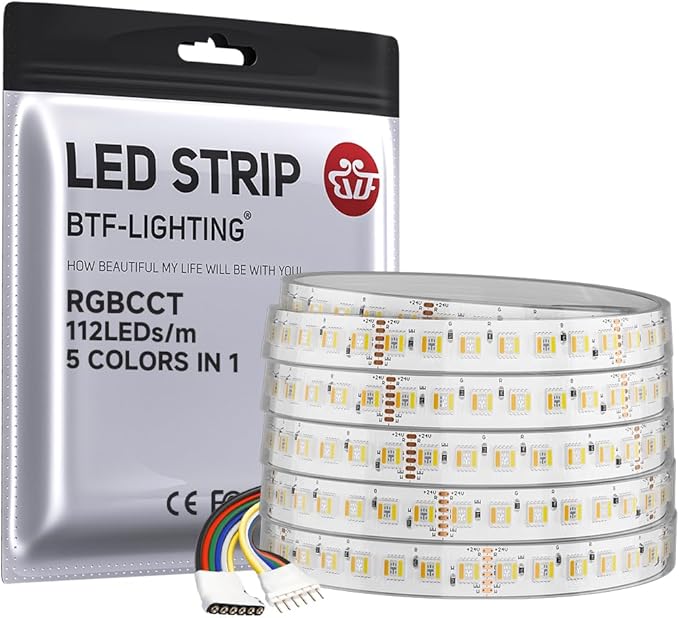 BTF-LIGHTING Highest Density RGBCCT 5 Colors in 1 LED 5050SMD RGB+ Tunable Color Temperature 2700K-6500K 16.4ft 112LEDs/m DC24V Multi-Colored IP67 14mm Width White LED Tape(No Adapter or Controller)