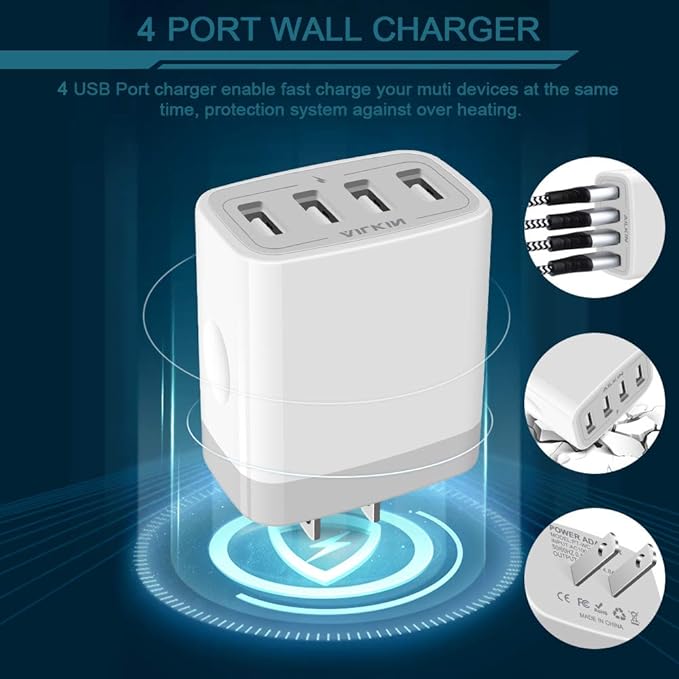 USB Charger Adapter, 2-Pack AILKIN 4.8A 4-Muti Port Phone Wall Plug Fast Charging Block Box for iPhone 17 16 15 14 13 12 Pro Max 11 SE 10 XR XS, Samsung Galaxy, Moto, LG, Pixel, Power Cube Base Brick
