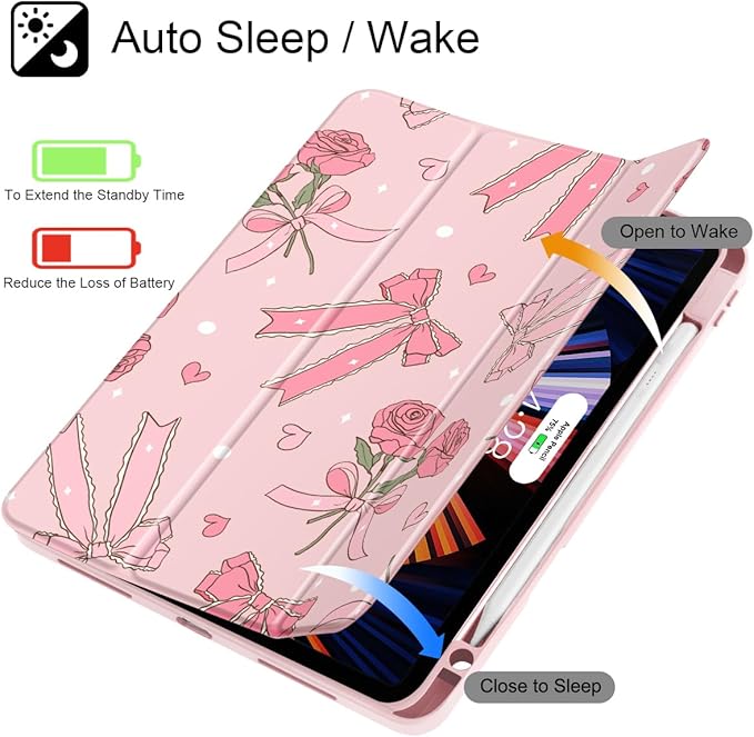 Tuiklol for iPad Pro 11 Inch 4th / 3rd / 2nd / 1st Gen (2022 2021 2020 2018) Case -Built-in Pencil Holder Shockproof Cover Clear Transparent Back Shell with Auto Wake/Sleep, Bow & Rose