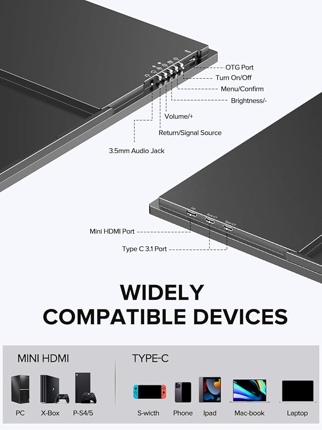 UPERFECT 24.5" Portable Monitor 240Hz Gaming Monitor 2000:1 Contrast FreeSync 0.1ms Fast IPS Large Screen, Built-in 180° Adjustable Stand/VESA, USB-C HDMI Second Screen for Laptop, Phone, Game Console