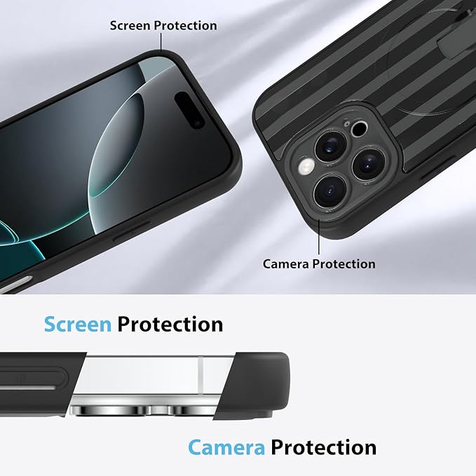 KANGHAR Compatible with iPhone 16 Pro Case, Support for MagSafe, Silicone Stripes Cute Pattern, Wristband Kickstand Camera Protection Soft Slim Cover for Girls Women -Black