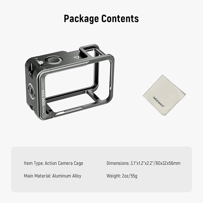 NEEWER AC014 Action 5 Pro Cage Video Rig with Cold Shoe, 1/4" Thread, Shutter Button, Cleaning Cloth Compatible with DJI Osmo Action 5 Pro / 4/3 DJI Mic Magnetic Adapter Mount, Dark Gray
