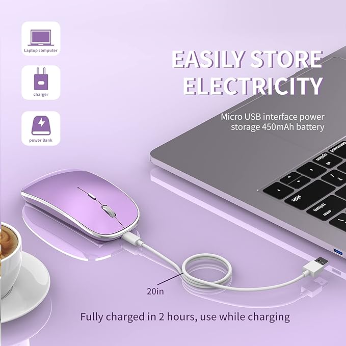 Halpilt Wireless Mouse Chargeable Portable Silent USB and Type-C Dual Mode Wireless Mouse 3 Adjustable DPI for Laptop, Mac, Android, PC (Q23S Black) (Purple)