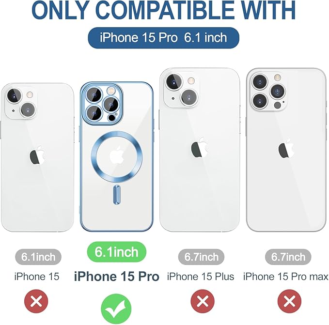 Hython Magnetic Clear for iPhone 15 Pro Case with Camera Lens Protector [Compatible with MagSafe] Luxury Plating Edge Slim Soft TPU Cover Protective Phone Case for iPhone 15 Pro 6.1", Light Blue