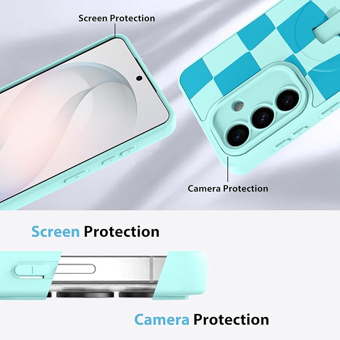 KANGHAR Compatible with Samsung Galaxy S26 Case, Support for MagSafe, Silicone Checkered Cute Pattern, Wristband Kickstand Camera Protection Soft Slim Cover for Girls Women -Blue