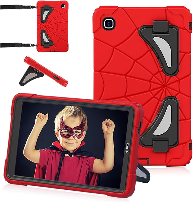 Case for Samsung Tab A7 Lite 8.7 inch 2021 Release SM-T220/T225/T227u, Shockproof Cute Kids Silicone Protective Cover for Galaxy Tab A7 Lite 8.7 inch with Kickstand Shoulder Strap, Red+Black