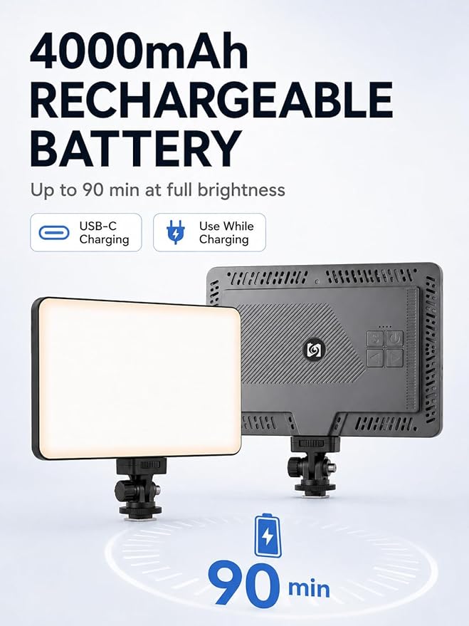 LED Video Light Panel, Dimmable DSLR Camera Light for Pictures Photo Video Recording with 4000mAh Rechargeable Battery, Cold Shoe, 240pcs Lamp Beads, CRI>95 2700K-6500K for Photography Live Streaming