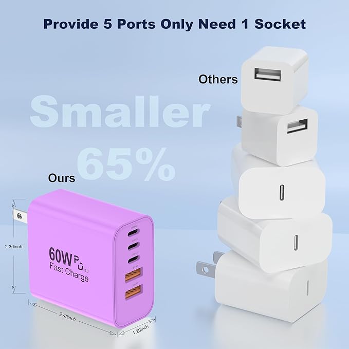USB C Charger Block, 60W 5 in 1 Charging Blocks, PD 3.0 Fast Charger, QC 2A Purple Wall Plug Multiport Type C Charging Block for iPhone 17 16 15 14 13 12 Pro Max, iPad, iPod, Samsung, AirPods Pro