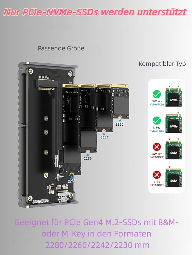 Fanless 40Gbps M.2 NVMe Enclosure, USB C Aluminum External SSD Enclosure Compatible Thunderbolt4/3 8TB SSD Adapter, PCIe Gen4 M.2 SSD Reader Fits 2280/2260/2242/2230mm M B+M Key