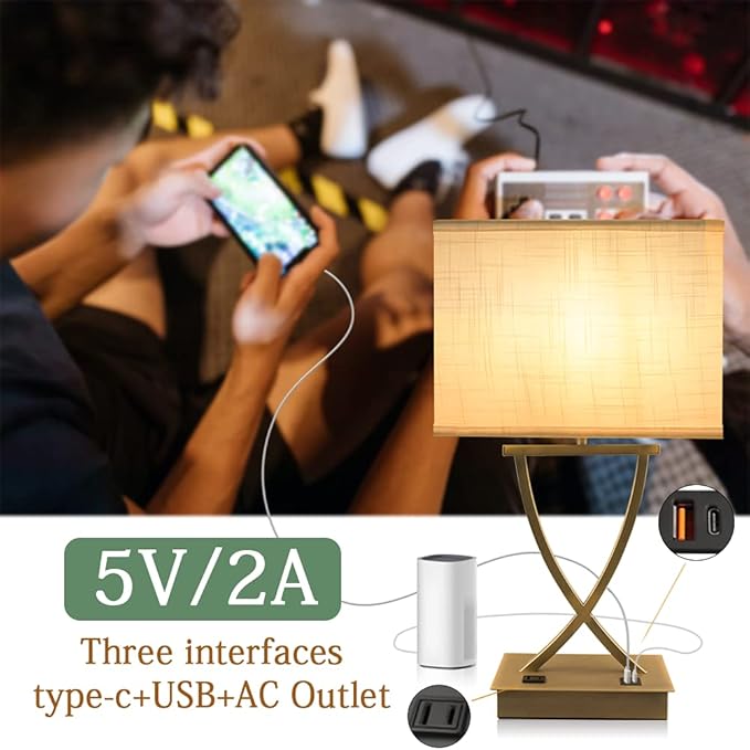 OYedis 3-Way Dimmable Touch Control Medium Table Lamp with Type C/USB Charging Port and 1 AC Outlet White Shade 21.38" Bedside Nightstand Lamp for Bedroom Living Room Office and Hotel Bulb Included