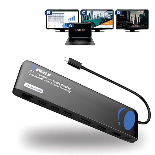 OREI USB C Docking Station Triple Monitor, SplitXtend 12-in-1 Laptop Dock with 2 HDMI + DisplayPort, 4K@60Hz, 85W PD, Ethernet, USB, SD/TF – 3 Monitor Dock (MST, No Drivers, Windows)