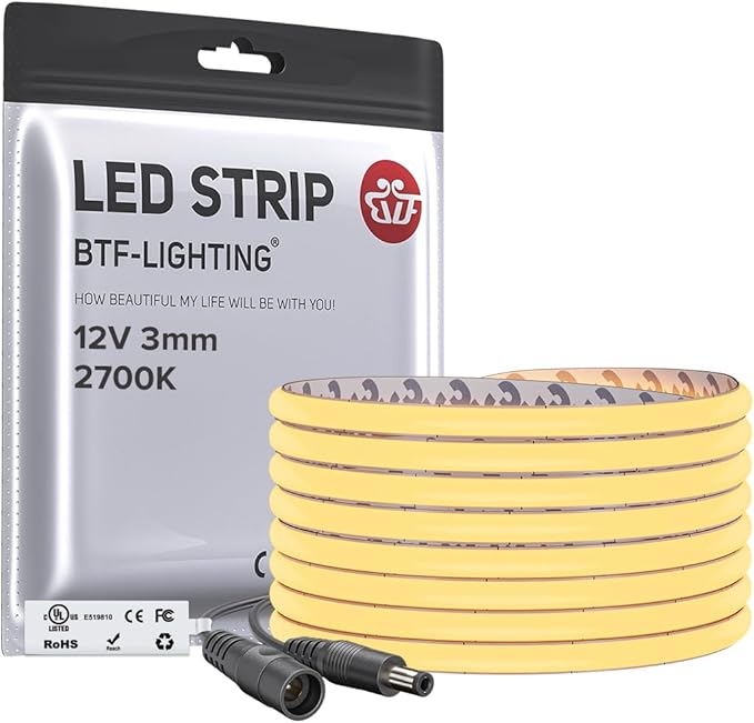 BTF-LIGHTING FCOB COB 3mm Width UL Listed Super Narrow Flexible Uniform LED Strip Light 16.4FT DC12V 2700K CRI 90+ Dimmable LED Ribbon for Kitchen Home Indoor Decoration(No Adapter or Controller)