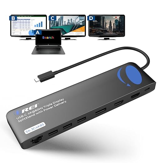 OREI USB C Docking Station Triple Monitor (MST, No Drivers, Windows) 3 Monitor Dock with 4K@60Hz 4:4:4 - SplitXtend Laptop Dock with 2 HDMI & DisplayPort, 85W PD, Ethernet, USB, SD/TF