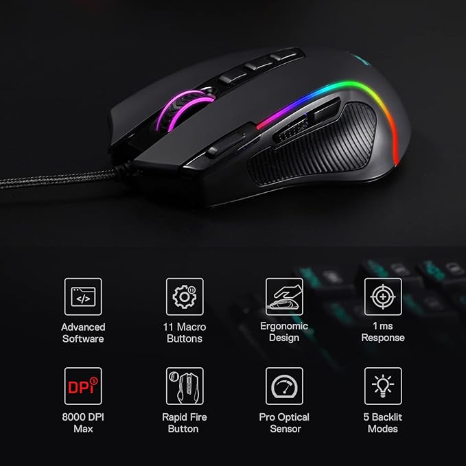 Redragon M612 Predator RGB Gaming Mouse, 8000 DPI Wired Optical Mouse with 11 Programmable Buttons & 5 Backlit Modes, Software Supports DIY Keybinds Rapid Fire Button