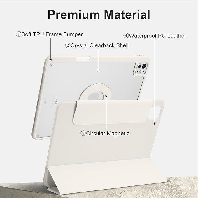 Case for iPad Pro 11 inch M5/M4 (2025/2024, 6th/5th Generation), Removable and Detachable Magnetic Cover with Pencil Holder, Vertical Adjustable Stand, Tri-Fold Multi-Angle, White