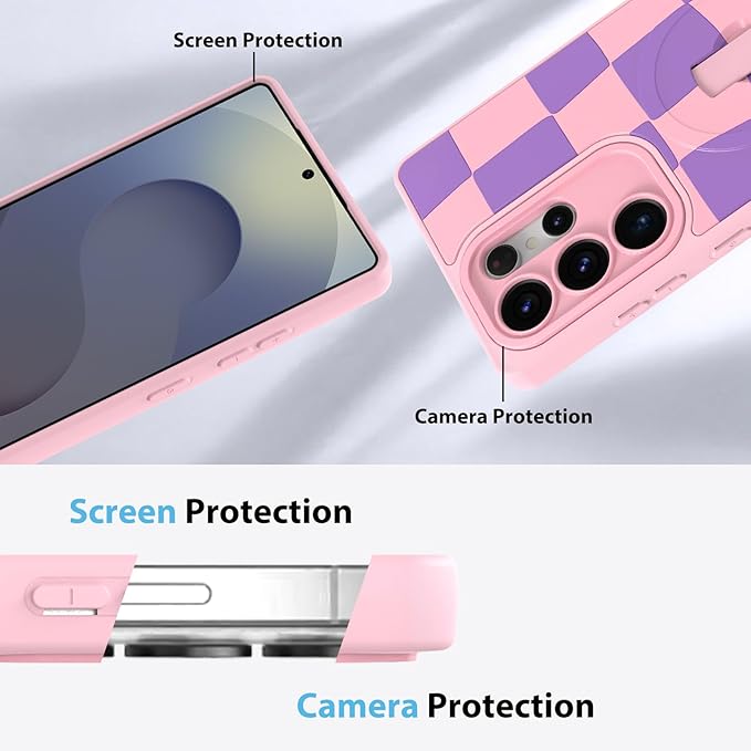 KANGHAR Compatible with Samsung Galaxy S25 Ultra Case, Support for MagSafe, Silicone Checkered Cute Pattern, Wristband Kickstand Camera Protection Soft Slim Cover for Girls Women -Pink