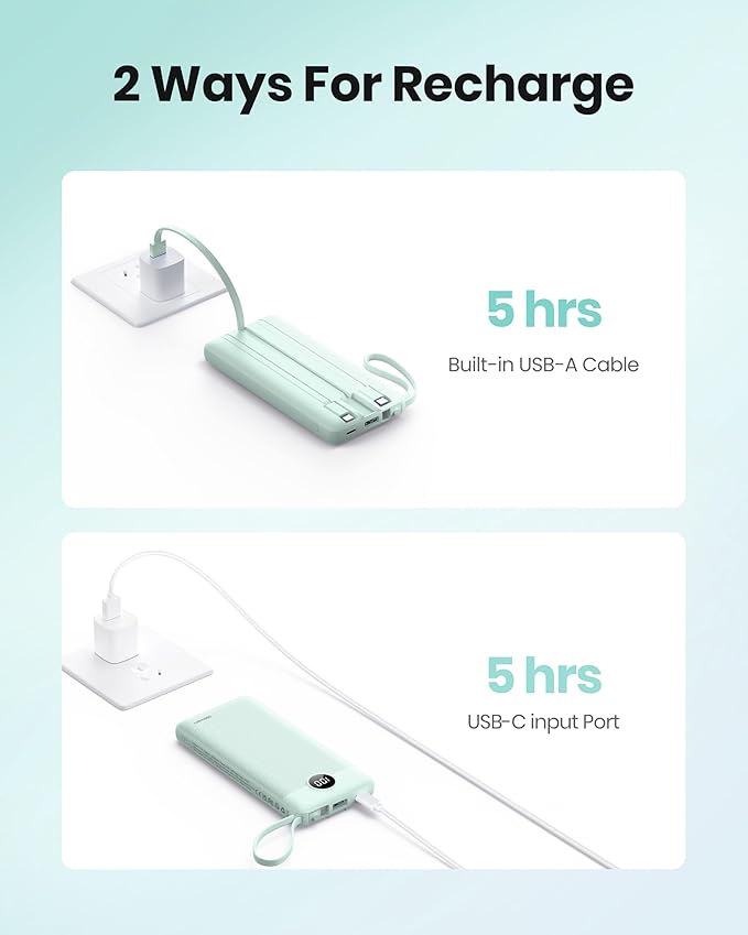 Portable Chargers 10000mAh, Slim Travel Essentials Power Bank, 5 Outputs 2 Inputs LED Display External Battery Pack with Built-in Cables Compatible with iPhone/Android & More (Teal)