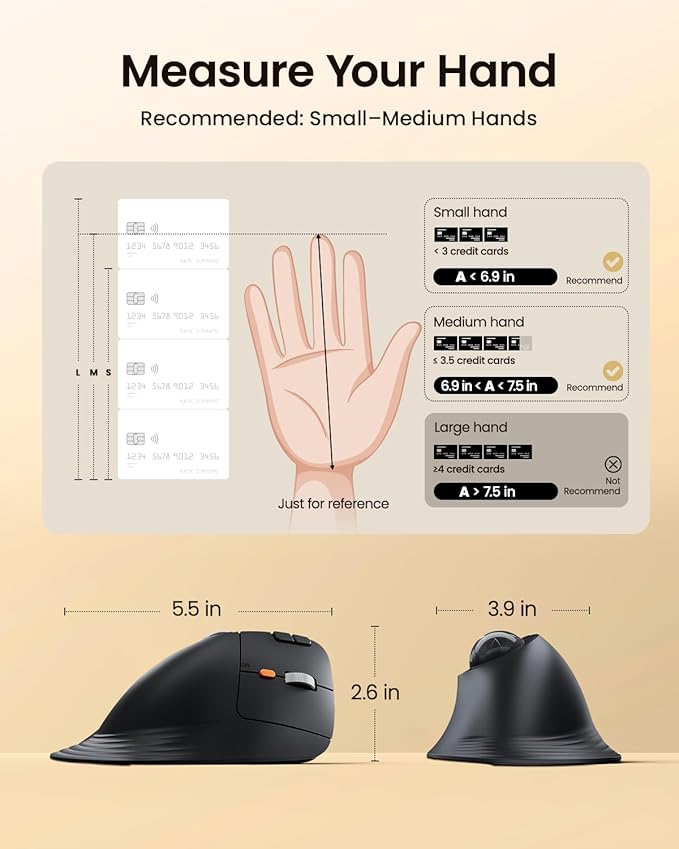 ProtoArc Vertical Wireless Trackball Mouse, EM05 NL Bluetooth Ergonomic Rollerball Mouse Rechargeable Computer Laptop Thumb Mice, 3 Device Connection, Compatible with iPad, Mac, Windows, PC-Gray