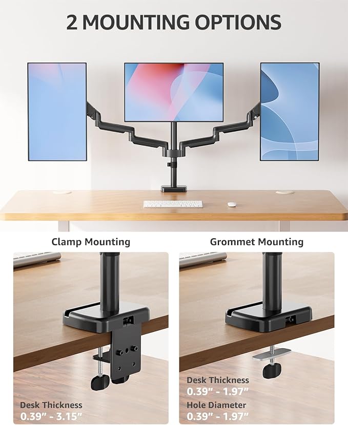 MOUNTUP Triple Monitor Stand Mount - 3 Monitors Desk Mount for Computer Screens Up to 27 inch, Triple Monitor Arm, Heavy Duty Monitors Stand, Each Arm Holds 4.4-19.8 lbs, Black