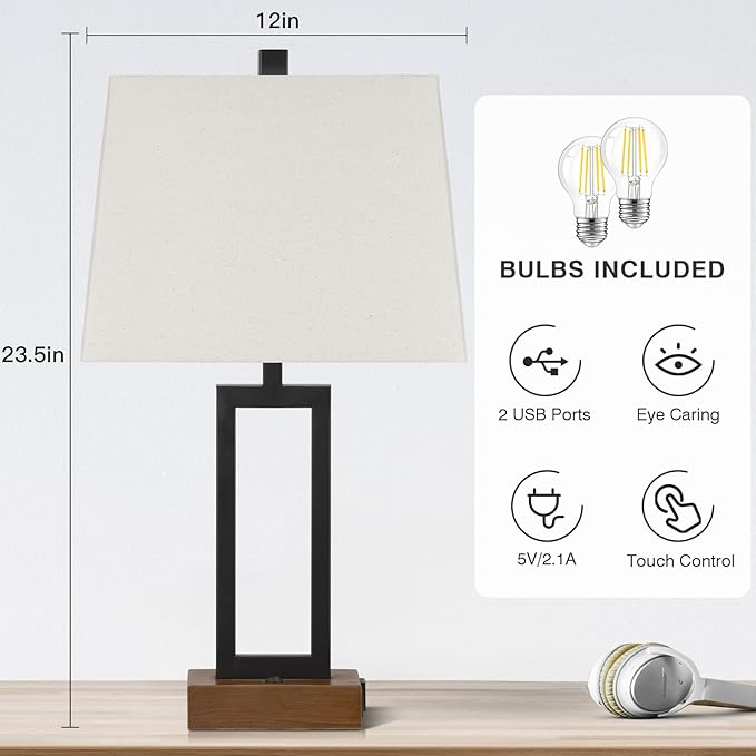 Rinweey 23.5" Table Lamps Set of 2, Modern Black Bedside Lamps with 2 USB Ports & AC Outlet, Contemporary Nightstand Lamps with Wood Base for Bedroom Living Room(LED Bulb Included)