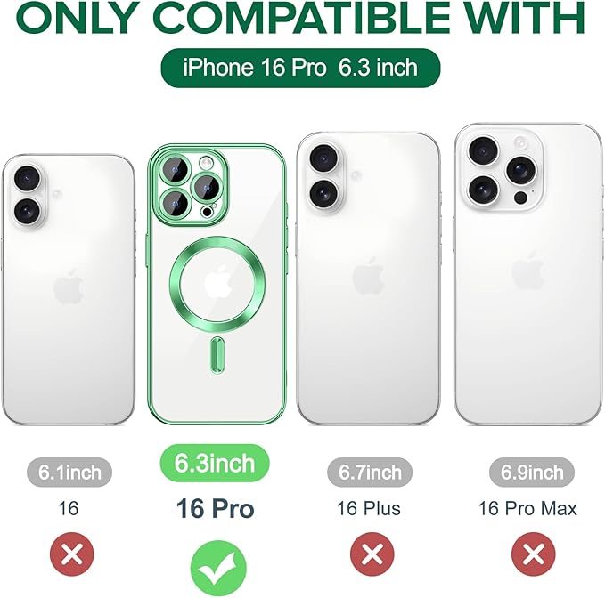 Hython Magnetic Clear for iPhone 16 Pro Case with Camera Lens Protector [Compatible with MagSafe] Luxury Plating Edge Slim Soft TPU Cover Protective Phone Case for iPhone 16 Pro 6.3", Light Green