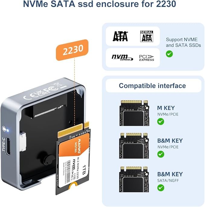 MAIWO 2230 SSD Enclosure for M.2 NVMe PCIe SATA,USB-C 10Gbps Full Aluminum Compatible with iPhone 15/16 Pro/Max 4K ProRes Recording, Windows, macOS, Linux, Tool-Free