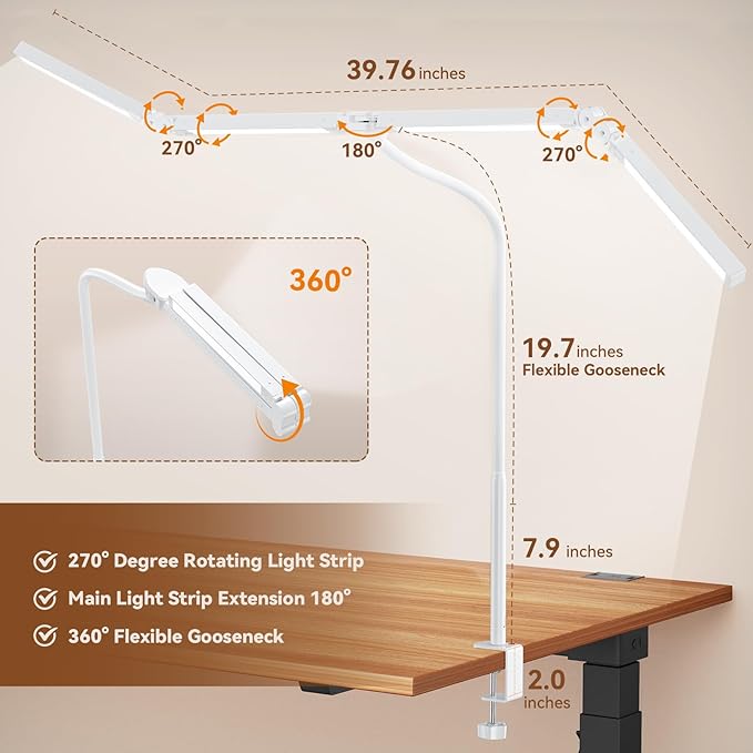 Pzloz Led Desk Lamp with Clamp: Architect Desk Lamp for Home Office, Eye Caring Double Head Computer Monitor Work Desk Light with Remote Control - 24W Flexible Dimmable Desktop Table Lamp White