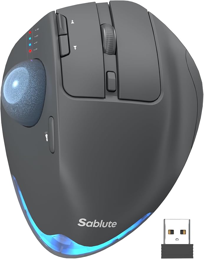 MAM1 Pro Wireless Trackball Mouse, Ergonomic Bluetooth Rechargeable Computer Mouse, Backlit Rollerball Thumb mice with 5 Level DPI, Adjustable Angle, 3 Devices Connection for PC, Windows - Gray Mouse