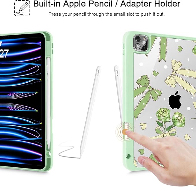 Tuiklol for iPad Pro 11 Inch 4th / 3rd / 2nd / 1st Gen (2022 2021 2020 2018) Case -Built-in Pencil Holder Shockproof Cover Clear Transparent Back Shell with Auto Wake/Sleep, Bow & Rose Green