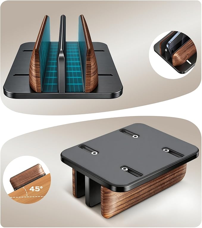 LOXP Vertical Laptop Stand, [Dual Slot Wooden + Aluminum Laptop Holder], Desktop Adjustable MacBook Stand, Adjustable Base, for MacBook Pro/Air, (up to 17.3-inch All laptops)