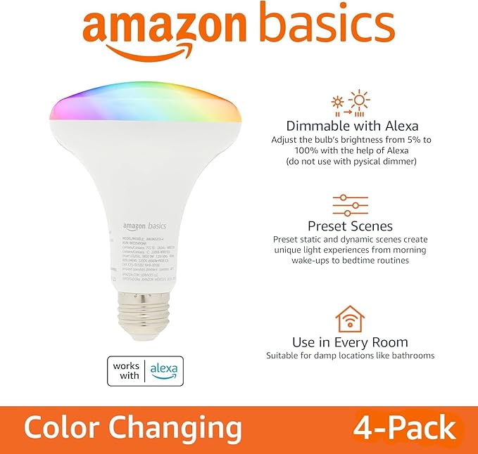 Amazon Basics Smart BR30 LED Light Bulbs, Color Changing, 9W (60W Equivalent), 800LM, Energy Efficient, Voice Control, Works with Alexa Only, 2.4 GHz Wi-Fi, No Hub Required, 8-Pack