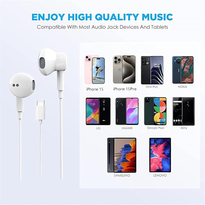 USB C Headphones for iPhone 17 16 15 Pro Max iPad Pro Type C Earbuds Wired Earphones with Mic & Remote Control Noise Cancelling for Pixel 8 7 6A 5 Galaxy S24 S23 S22 S21 S20