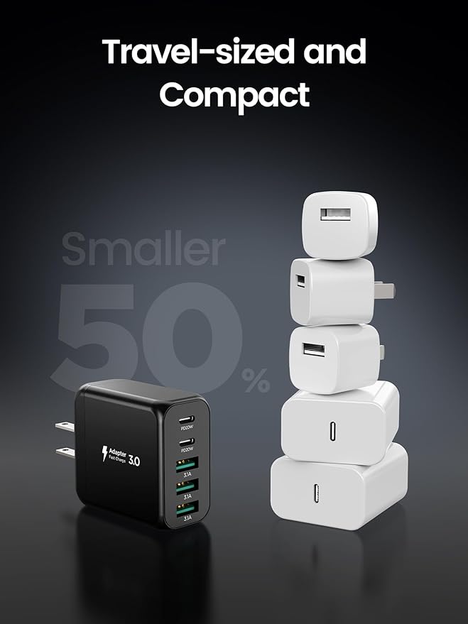 EIZLXQ USB C Charger Block, Type C Charger Fast Charging,Total 50W 5-Port USB Wall Charger Multiport Type C Charging Block Cube for iPhone 17/16/15/14/13/12/11 Pro Max XS, iPad, Samsung & More-Black