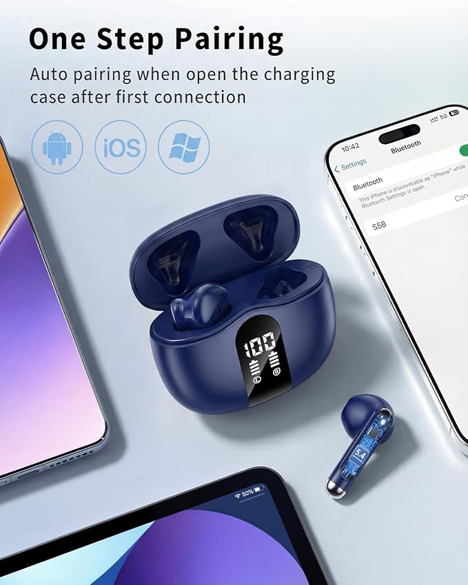 Wireless Earbuds, 2026 Bluetooth 5.4 Headphones Bass Stereo Ear Buds with Noise Cancelling Mic, LED Display in Ear Earphones 50H Playtime Ear Buds, IP7 Waterproof for Laptop Pad Phones Deep Blue