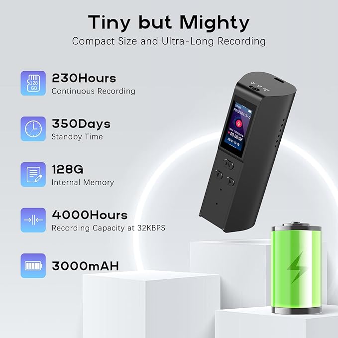 128GB Voice Activated Recorder with Playback: Magnetic Audio Recorder with AI Noise Cancellation, 220 Hours Continuous Recording, Recording Device for Lectures Meetings Interviews Classroom