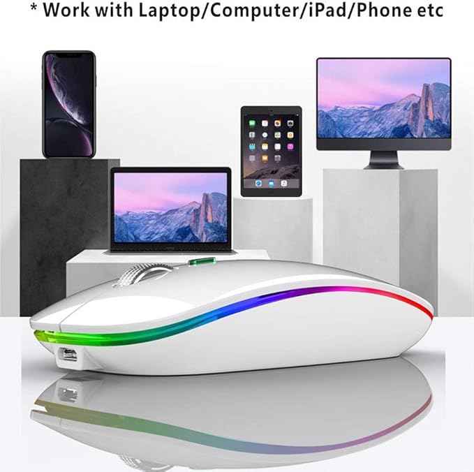 TENMOS Wireless Bluetooth Mouse, LED Slim (Bluetooth 5.1 + USB) 2.4GHz Rechargeable Silent Bluetooth Wireless Mouse with Type C Adapter for Laptop/MacBook/iPad OS 13 and Above (White)