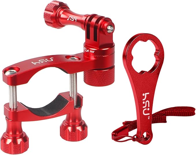 HSU 0.6-1.3inch All-Aluminum Bike/Motorcycle Handlebars, 360° Rotation Seat Post, Ski Pole Mount Compatible with Go Pro Hero 13/12/11/10/9/8/7/6/5, DJI Osmo Action AKASO and Other Action Cameras (Red)