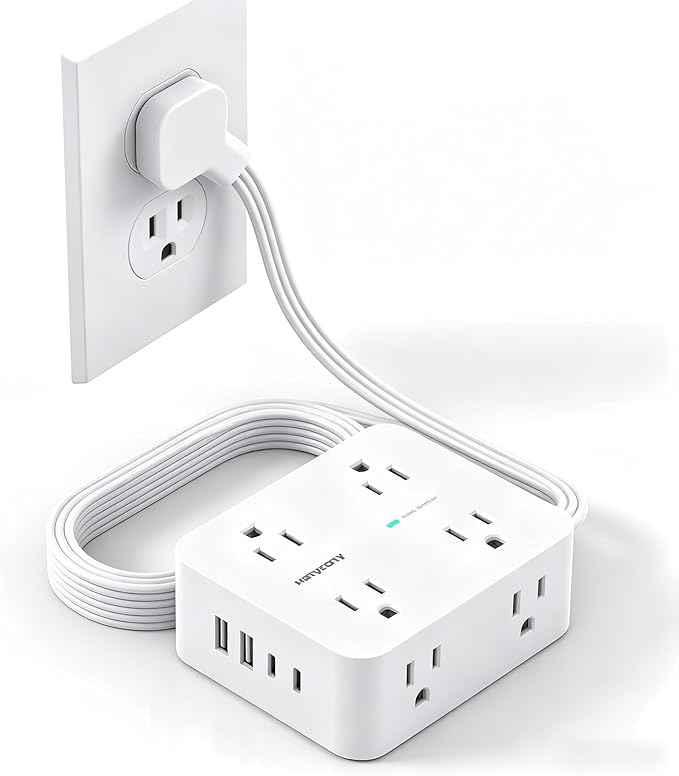 15 Ft Long Extension Cord with Ultra-Thin Flat Plug, 8 Widely Spaced Outlets & 4 USB Ports (2 USB C), 1080J Surge Protected Power Strip for Home Office, College Dorm Room Essentials, Wall Mount