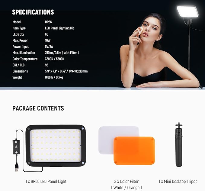 NEEWER BASICS LED Video Panel Light, Bi Color Dimmable Video Conference Lighting Kit with Desktop Tripod Stand/Filters for Webcam Desk Computer Laptop Zoom Call Makeup Recording Selfie Streaming, BP66