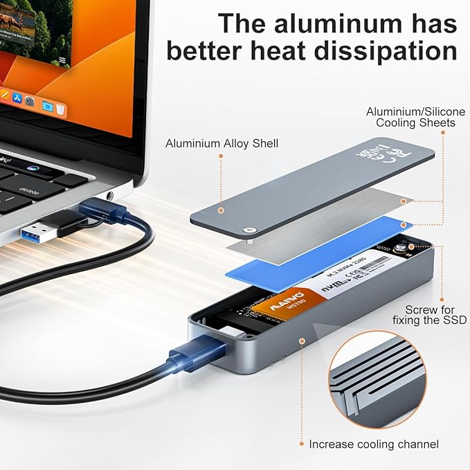 MAIWO M.2 NVMe SSD Enclosure 10Gbps, USB 3.2 GEN2 Support UASP Trim, 8TB Capacity, Aluminium USB C NVMe Reader for 2230/2242/2260/2280 M-Key