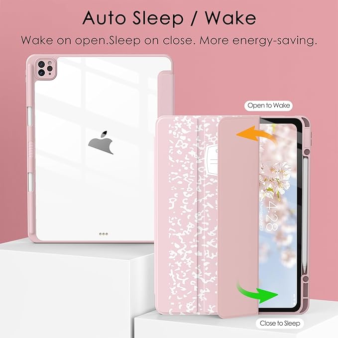 Soke Case for iPad Pro 12.9 Inch (6th/5th/4th/3rd Generation, 2022/2021/2020/2018) - Pencil Holder + Auto Sleep/Wake + Camera Protection, Transparent Shockproof Back Cover, Book Pink