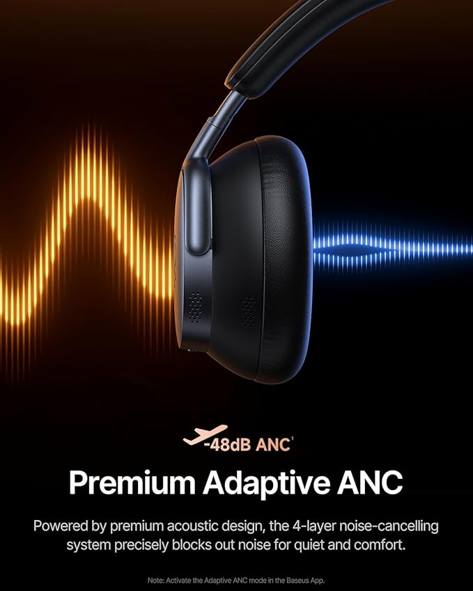Baseus Inspire XH1 Adaptive Active Noise Cancelling Headphones, Sound by Bose, Dolby Audio, Premium Real-Time Adaptive ANC, Adaptive Tuning Rich Sound, Hi-Res Audio, 100H Playtime - Cosmic Black