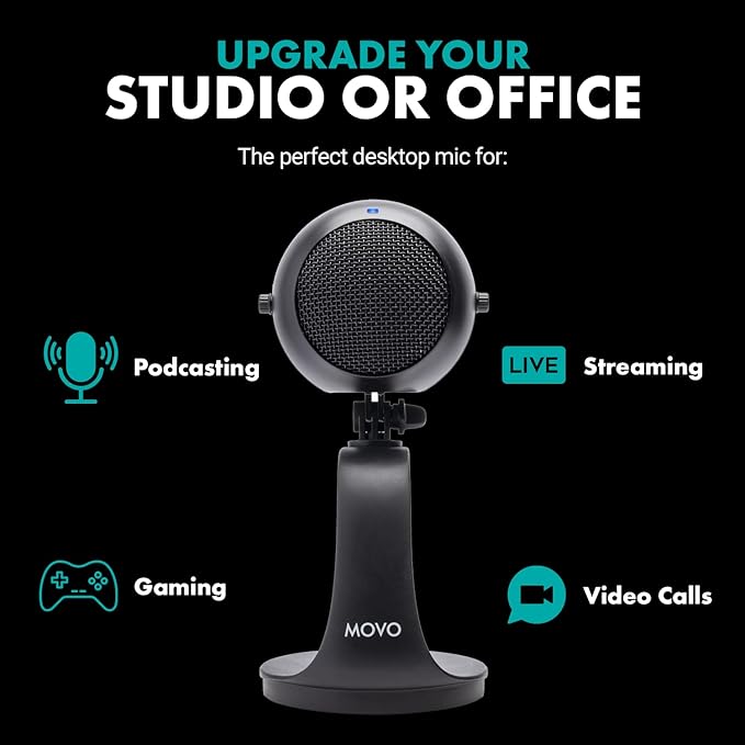 Movo WebMic USB Microphone with Desktop Stand in Black- Cardioid Condenser Computer Microphone for PC and Mac with Mic Gain, Headphone Monitoring- for Gaming, Podcast, Streaming, Video Conferencing