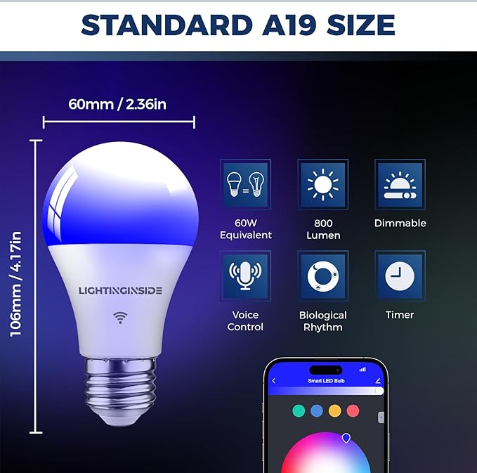 Lightinginside Smart Light Bulbs 60W Equivalent, 800LM 9W WiFi Smart Bulb Compatible with Alexa/Google Assistant, A19 E26 Smart Light Bulb No Hub Required, 2.4GHz WiFi Only, 2PCS