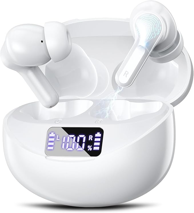 Wireless Earbuds, Bluetooth 5.4 HiFi Stereo Headphones with Noise Cancelling Mic, 50H Playback in Ear Buds with LED Digital Display, IPX7 Waterproof Earphones for Office/Running/Workout White