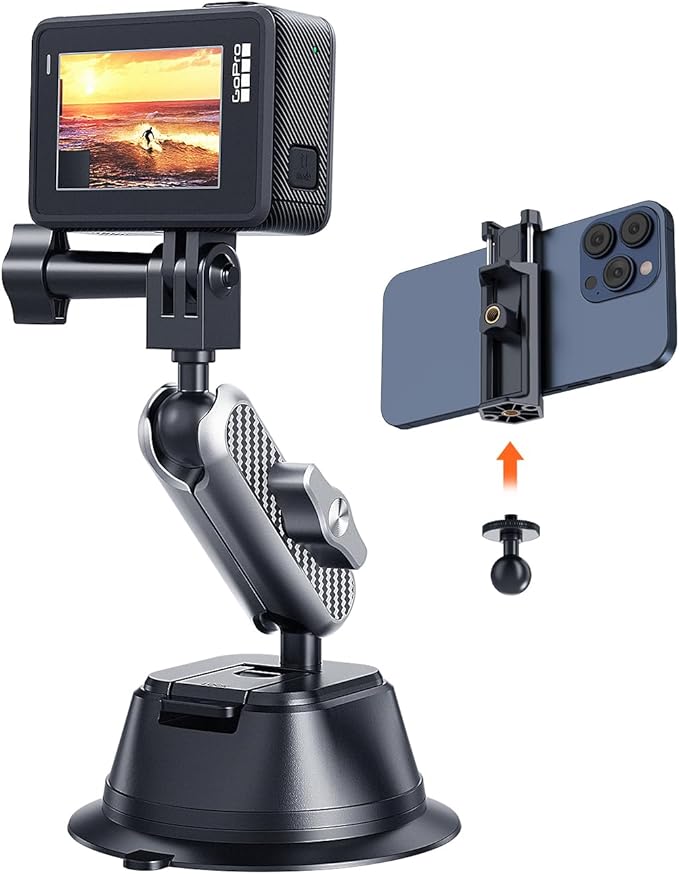A2C Suction Cup Mount for Gopro iPhone, Anti-Shake Metal Arm Car Camera Mount with 1/4 Thread & Phone Holder, Car Boat Windshield Window VLOG/Video Holder for Gopro Hero Insta360 DJI Action Camera