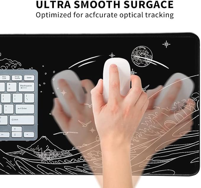 MEWOOCUE® Large Gaming Mouse Pad for Computer,Black Japanese Sea Wave Anime Mouse Mat,Long XXL Waterproof Keyboard Pads,Big Non-Slip Mouse Pads for Game Office Home（15.7 x 35.4 in）