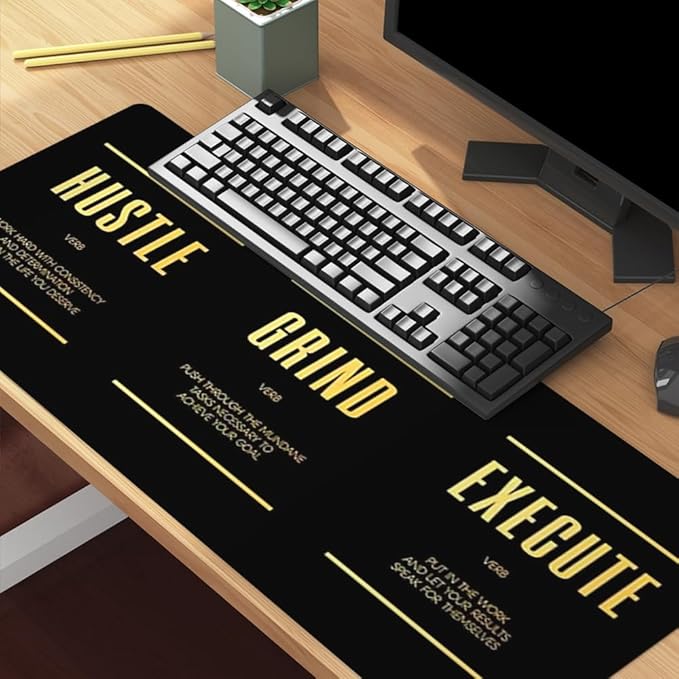 Black Gold Hustle Grind Execute Keyboard Mat Positive Saying Mousepad Office Long Mouse Pad Motivational Desk Pad Mouse Mat for Desktop Gamer Guy Boys Mens Office Accessories 31.5"x15.7"