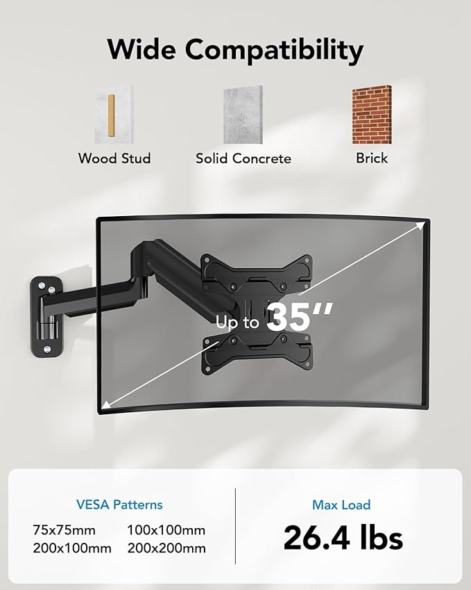 HUANUO Computer Monitor Wall Mount for 22"-35" Screens, Gaming Wall Mount Monitor Arm Holds up to 26.4lbs, Vesa Mount with Tilt, Swivel, Rotation, Supports 75x75mm, 100x100mm, 200x200mm, Black