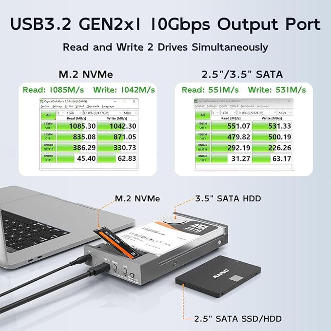 MAIWO External Hard Drive Enclosure for M.2 NVMe SSD and 2.5/3.5 Inch SATA SSD/HDD, Bidirectional Clone NVMe and SATA, USB 3.2 Gen2 (10Gbps) Type-C Hard Disk Adapter Docking Station